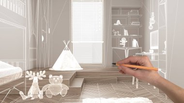 Herringbone meşe parke zeminli içi boş, el yapımı mimari tasarımı, beyaz mürekkep çizimi, modern çocukların yatak odasını gösteren plan, konsept, model, fikir.