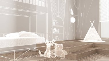 Beyaz duvarları ve herringbone parke ahşap zemin, özel mimari tasarım projesi, beyaz mürekkep çizimi, çocukların yatak odasını, mimarisini gösteren plan.
