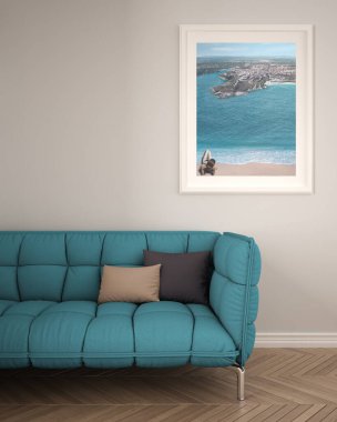 Minimum oturma odasındaki koltuklu iç poster modeli. Panoramik manzara, gerçeküstü perspektifler beyaz duvarda ringa kemiği parke zeminli