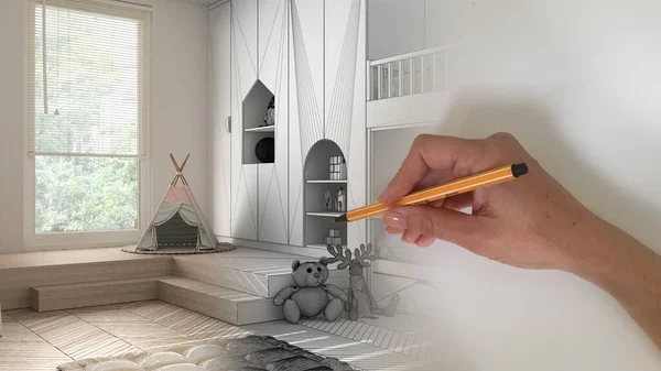 Architect interior designer concept: hand drawing a design interior project while the space becomes real, modern children bedroom with bunk bed, toys and puppets, decors