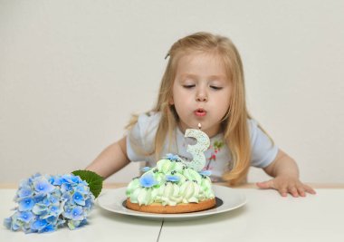 Bir kız 3 yaşında kek üzerine dilek üfleme mum yapma