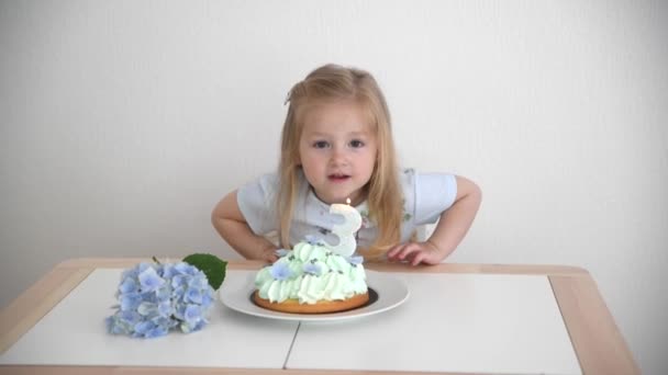 Uma Menina Anos Fazendo Desejo Soprando Velas Bolo — Vídeo de Stock