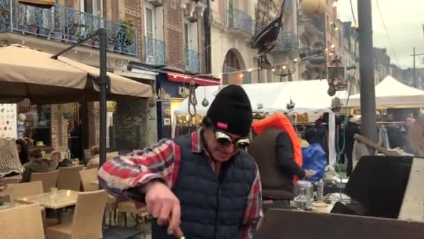 Dieppe France November 2019 Fair Herring Scallop Shell Men Preparing — Stock Video