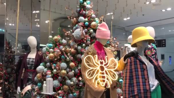Париж Франция Декабря 2019 Года Манекены Рождественскими Украшениями Галерее Lafayette — стоковое видео