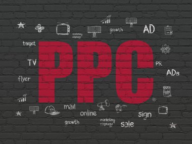 Pazarlama kavramı: el çizilmiş pazarlama simgeleri ile siyah tuğla duvar arka plan üzerinde kırmızı metin Ppc boyalı