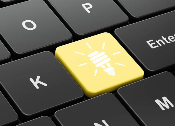 Unser Geschäftskonzept: Energiesparlampe auf Computer-Tastatur-Hintergrund — ストック写真