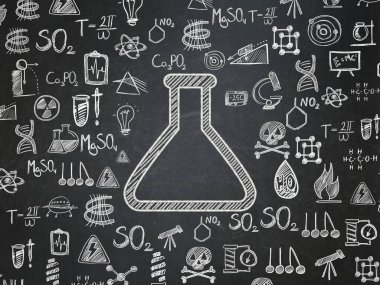 Bilim kavramı: okul yönetimi arka plan tebeşir beyaz şişeye simgesine el çizilmiş bilim simgeleri, okul yönetimi ile