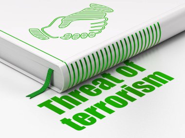 Politika kavramı: kitap el sıkışma, tehdit terörizm beyaz arka plan üzerinde