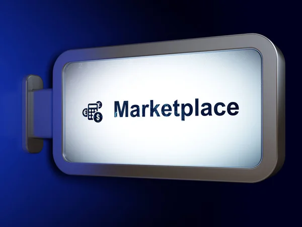 Conceito de publicidade: Marketplace e calculadora em fundo outdoor — Fotografia de Stock