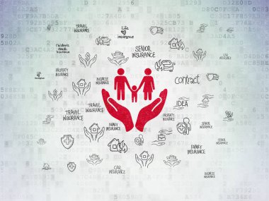 Sigorta kavramı: Dijital Veri Kağıdı arkaplanındaki Aile ve Avuç İçi