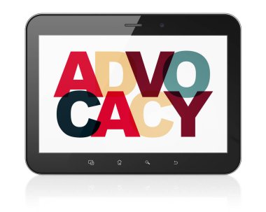 Hukuk kavramı: savunuculuk ekranda Tablet bilgisayarınızla