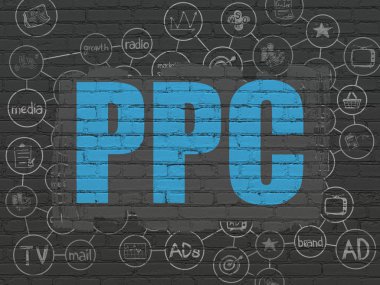 Pazarlama kavramı: düzeni, elle çizilmiş pazarlama simgeler siyah tuğla duvar zemin üzerine mavi metin Ppc boyalı