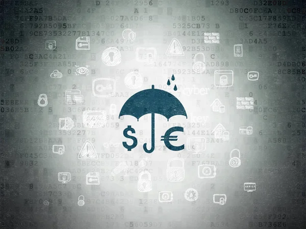 安全概念︰ 数字数据纸张背景上的钱和伞 — 图库照片