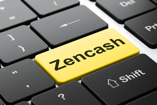 Concepto de cadena de bloques: Zencash en el fondo del teclado del ordenador —  Fotos de Stock