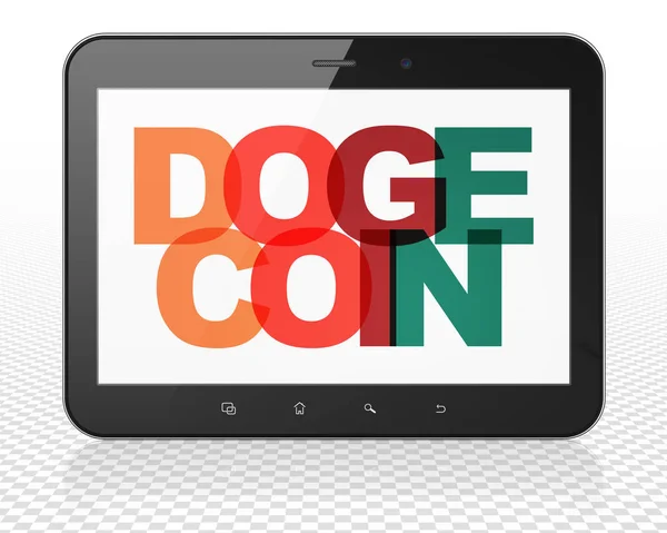 Blockchain концепція: планшетного ПК комп'ютер з Dogecoin на дисплеї — стокове фото
