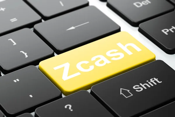 Concepto de criptomoneda: Zcash en el fondo del teclado del ordenador —  Fotos de Stock