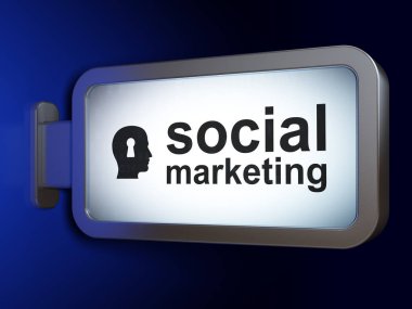pazarlama kavramı: sosyal pazarlama ve kafa üzerinde anahtar deliği ile billboard arka plan