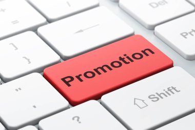 reklam kavramı: bilgisayar klavye arka plan üzerinde promosyon