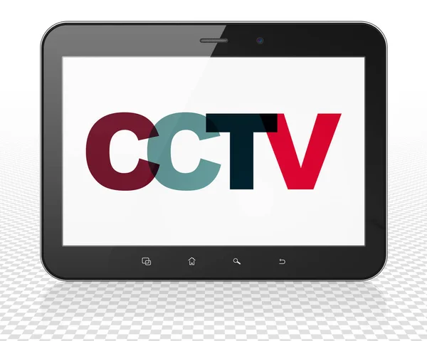 Concepto de privacidad: Tablet PC Ordenador con CCTV en pantalla — Foto de Stock