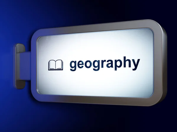 Concepto educativo: Geografía y libro sobre fondo de vallas publicitarias — Foto de Stock