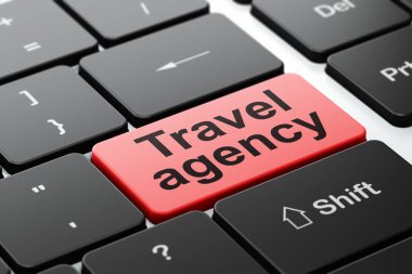 Seyahat kavramı: bilgisayar klavye arka plan üzerinde seyahat acentası