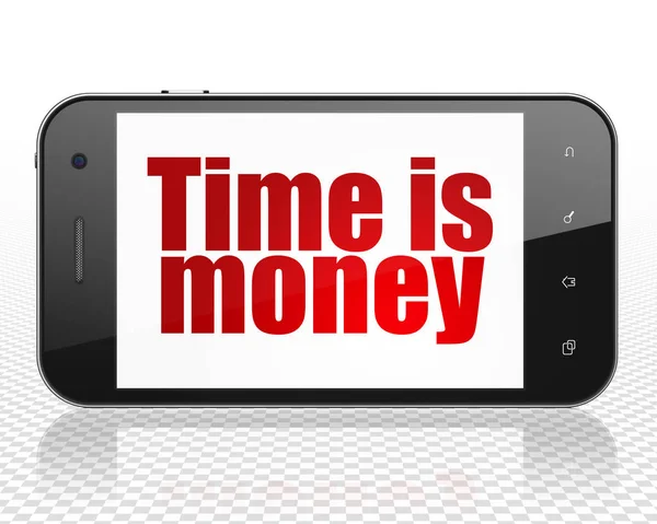 Tijdlijn concept: Smartphone met tijd Is geld op display — Stockfoto