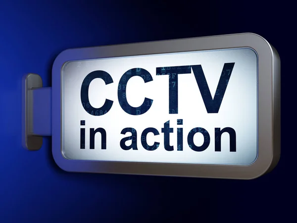 Concepto de seguridad: CCTV en acción en el fondo de la cartelera —  Fotos de Stock