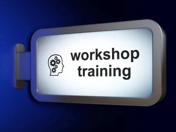 Učební koncept: Workshop školení a hlavu s převody na billboardu na pozadí — Stock fotografie