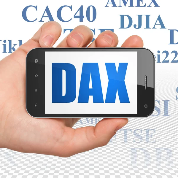 Concept d'indices boursiers : Smartphone à main avec DAX à l'écran — Photo