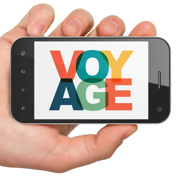 Resor Koncept Hand Hålla Smartphone Med Painted Multicolor Text Voyage — Stockfoto