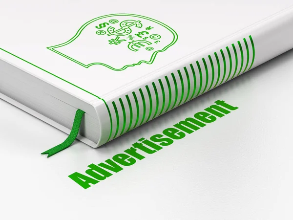 Marketing concept: book Head With Finance Symbol, Advertisement on white background — Stock Photo, Image