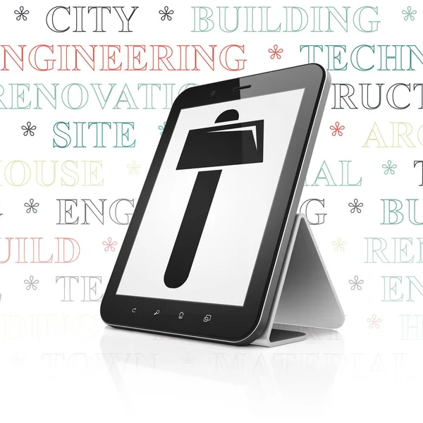Bouwconcept: Tablet PC met hamer op display — Stockfoto