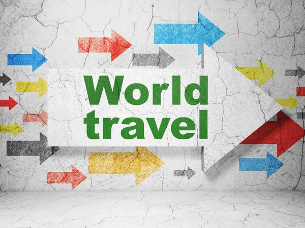 Reisekonzept: Pfeil mit Weltreise auf Grunge-Wand-Hintergrund — Stockfoto