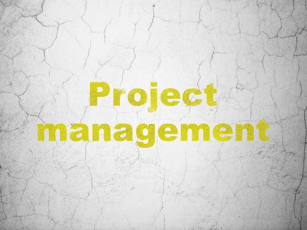 Business concept: Yellow Project Management on textured concrete wall background