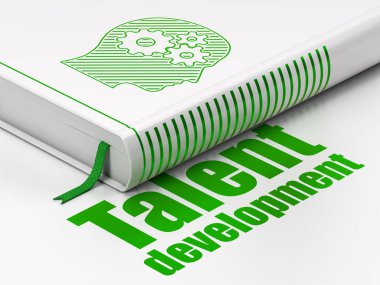 Eğitim kavramı: kitap kafayla Dişliler, beyaz arka plan üzerinde yetenek geliştirme