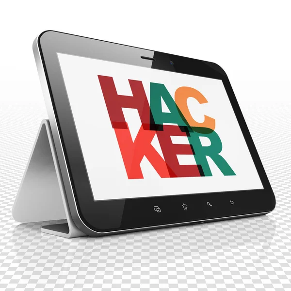 Datenschutz-Konzept: Tablet-Computer mit Hacker auf dem Display — Stockfoto