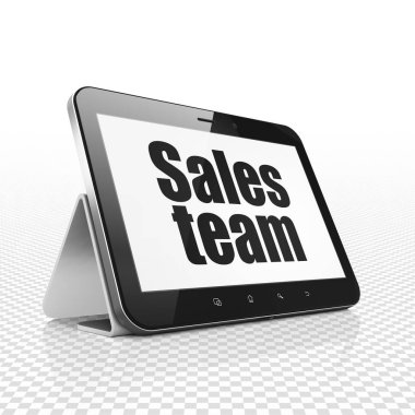 Reklam kavramı: ekranda satış ekibi ile Tablet bilgisayar