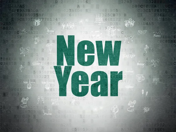 休日の概念 描かれた休日の手のアイコンでデジタルのデータ用紙の背景に緑のテキスト新年を塗装 — ストック写真