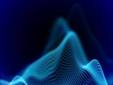 Dijital manzara akan noktalı. 3D parçacık ses dalgaları.