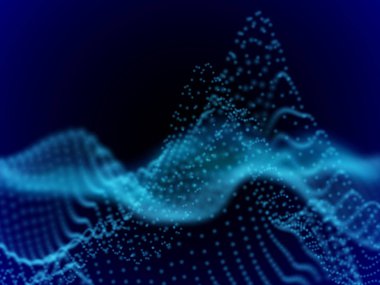 Dijital manzara akan noktalı. 3D parçacık ses dalgaları.