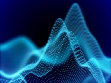 Dijital manzara akan noktalı. 3D parçacık ses dalgaları.