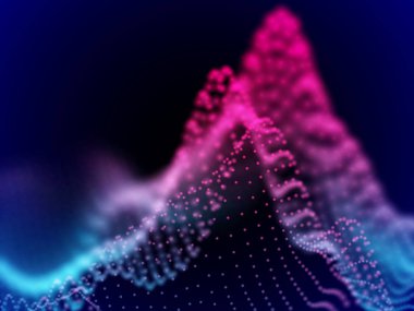 Dijital manzara akan noktalı. 3D parçacık ses dalgaları.