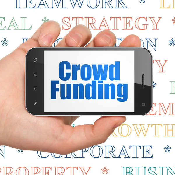 Business concept: Hand Holding Smartphone with Crowd Funding on display — Stock Photo, Image