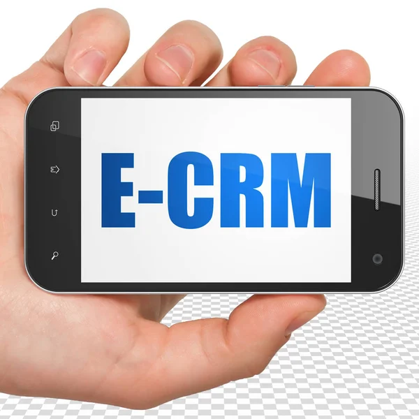 İş kavramı: el Smartphone ile E-Crm ekranda Holding — Stok fotoğraf