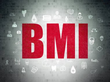 Tıp kavramı: el çizilmiş tıp simgeleri ile dijital veri Kağıt arka plan üzerinde kırmızı metin BMI boyalı