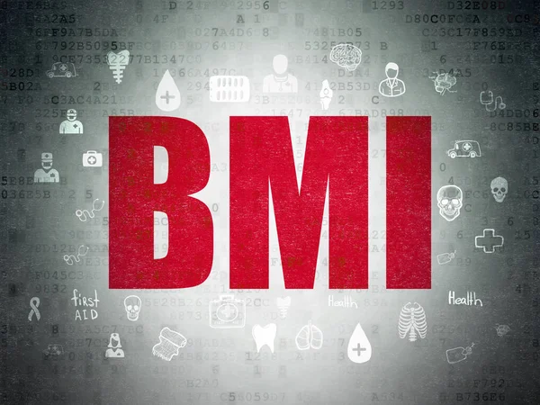 Tıp kavramı: el çizilmiş tıp simgeleri ile dijital veri Kağıt arka plan üzerinde kırmızı metin BMI boyalı