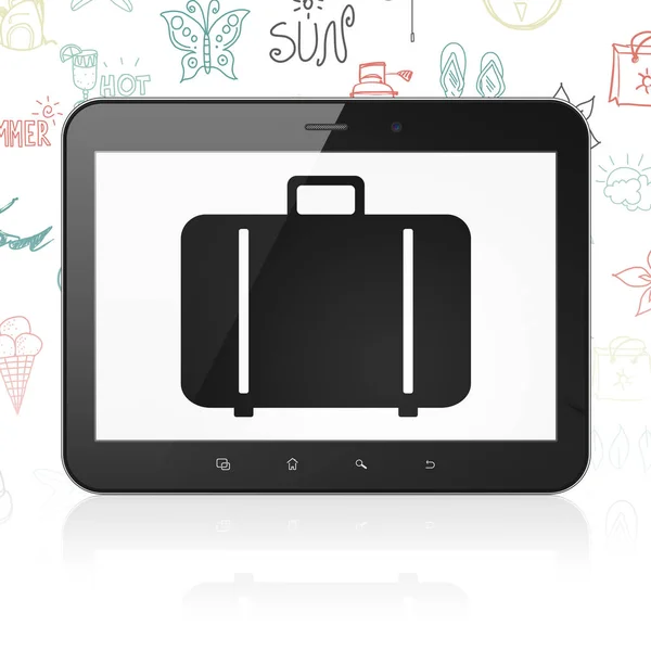 Utazási koncepció: tabletta számítógép táska a kijelzőn — Stock Fotó