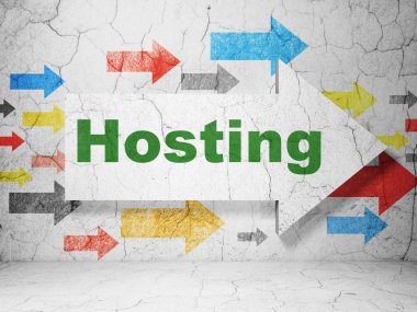 Web tasarım konsepti: grunge duvar arka plan üzerinde Hosting ile ok