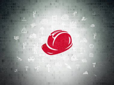 İnşa kavramı: el çizilmiş bina simgeleri ile dijital veri Kağıt arka plan üzerinde kırmızı kask simge boyalı