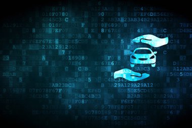 Sigorta kavramı: araba ve avuç içi dijital arka plan